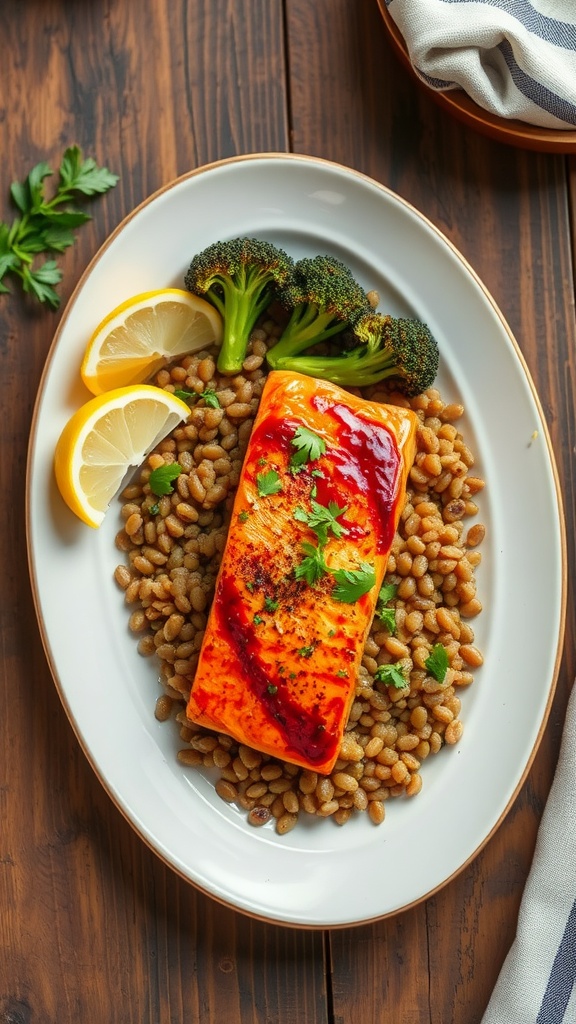 Spicy Harissa-Roasted Salmon with Lentils and Charred Broccoli A plate with harissa-roasted salmon, lentils, and charred broccoli, garnished with herbs and lemon.